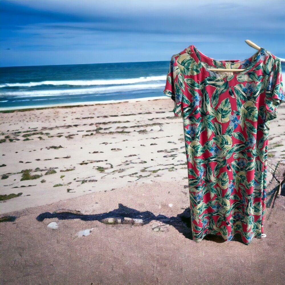 CAPPAGALLO TROPICAL PINK BLUE GREEN Floral SHORT SLEEVE TUNIC DRESS, SIZE Large